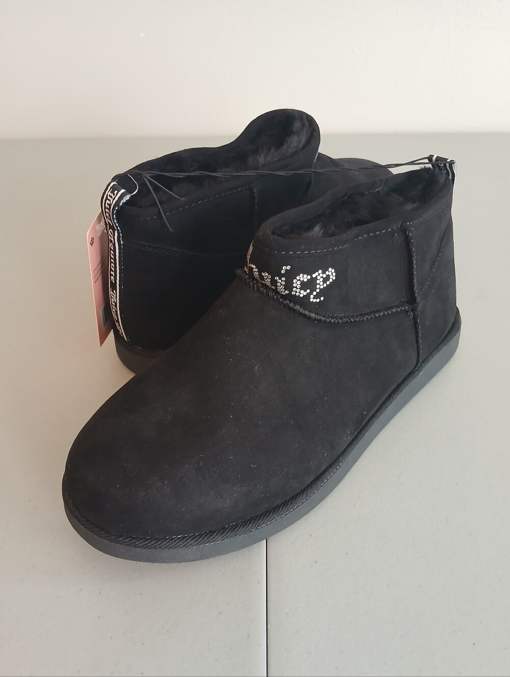 Black Microsuede Faux Fur Lined Pull On Ankle Boot 10M New! Juicy Couture